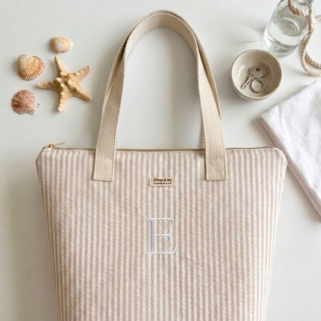 Tote Bag con Cremallera Rayas Beige