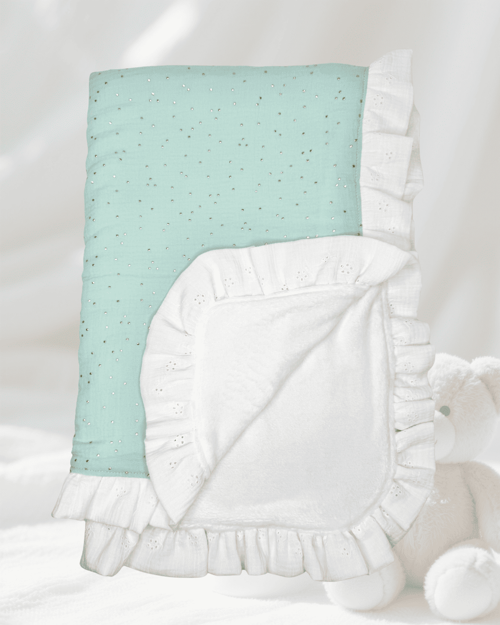 Manta Invierno Menta y Dorado Volantes
