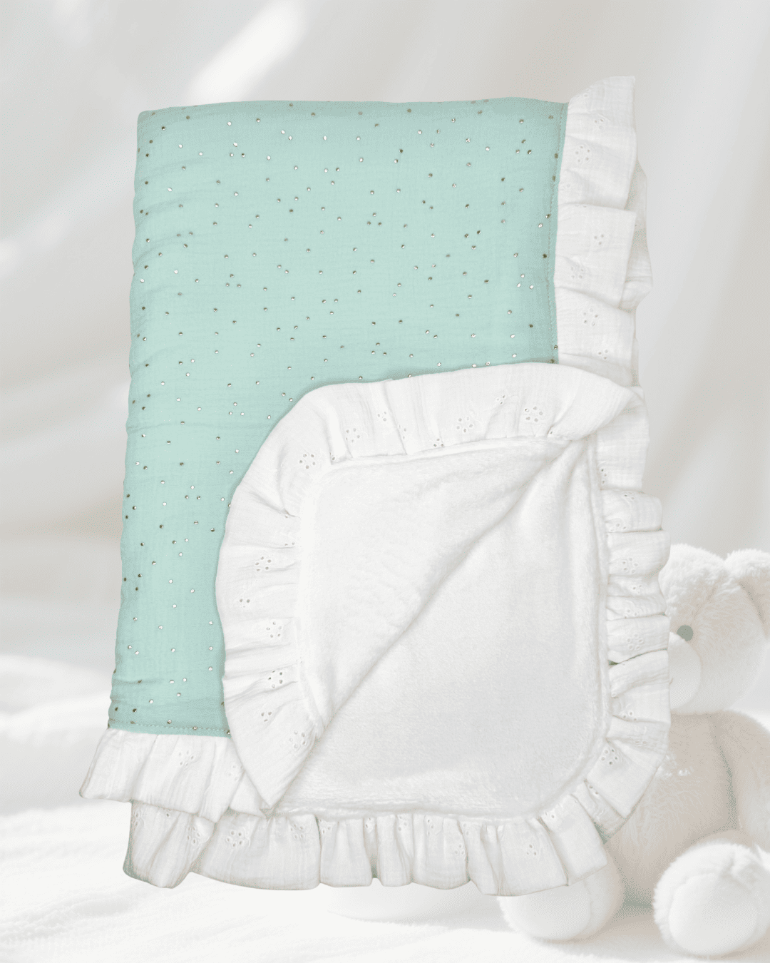 Manta Invierno Menta y Dorado Volantes