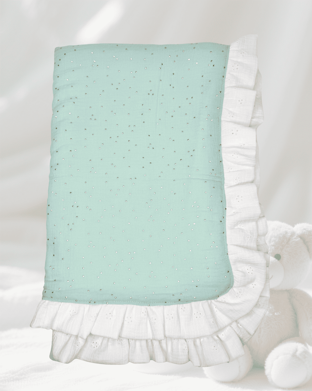 Manta Invierno Menta y Dorado Volantes