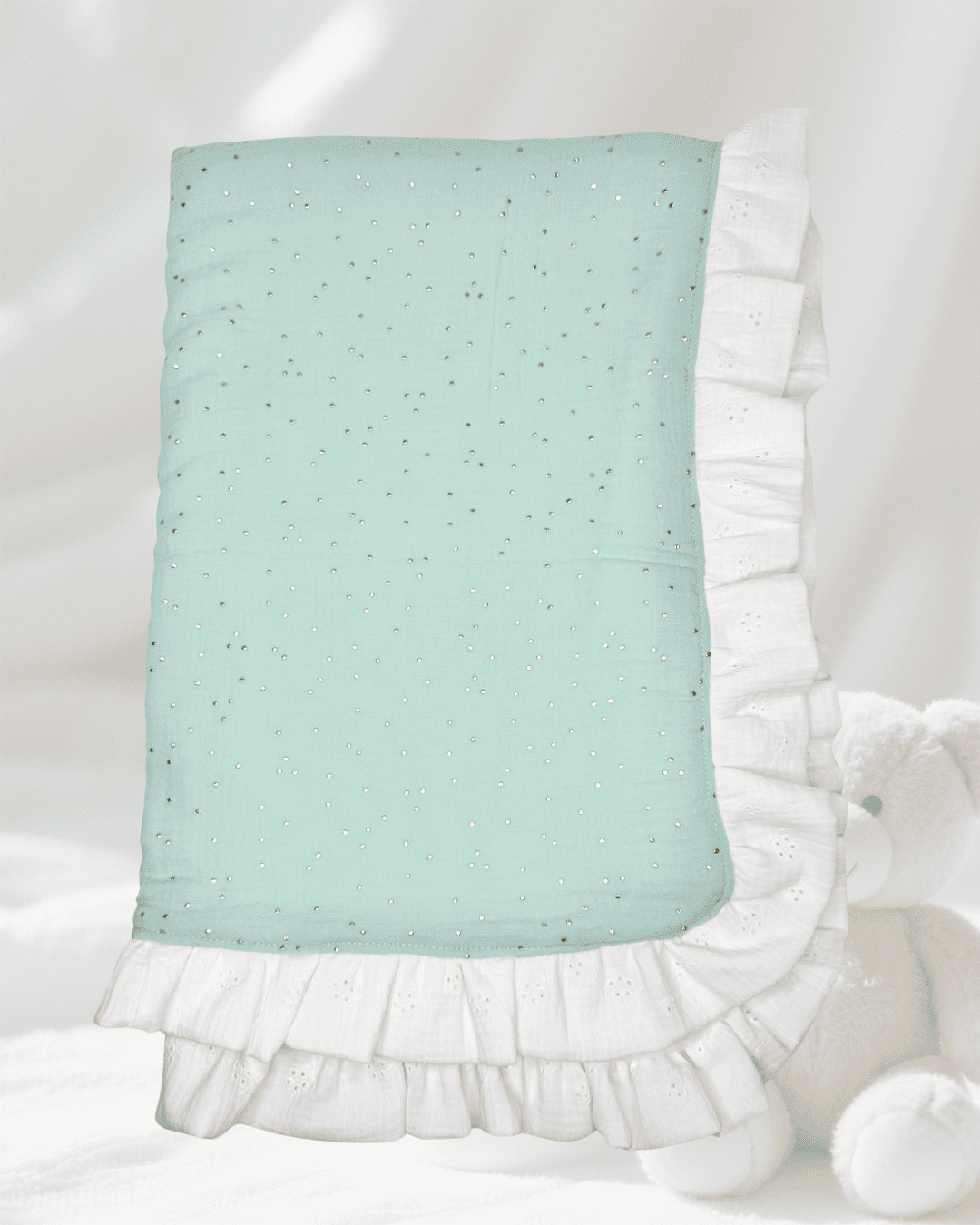 Manta Invierno Menta y Dorado Volantes
