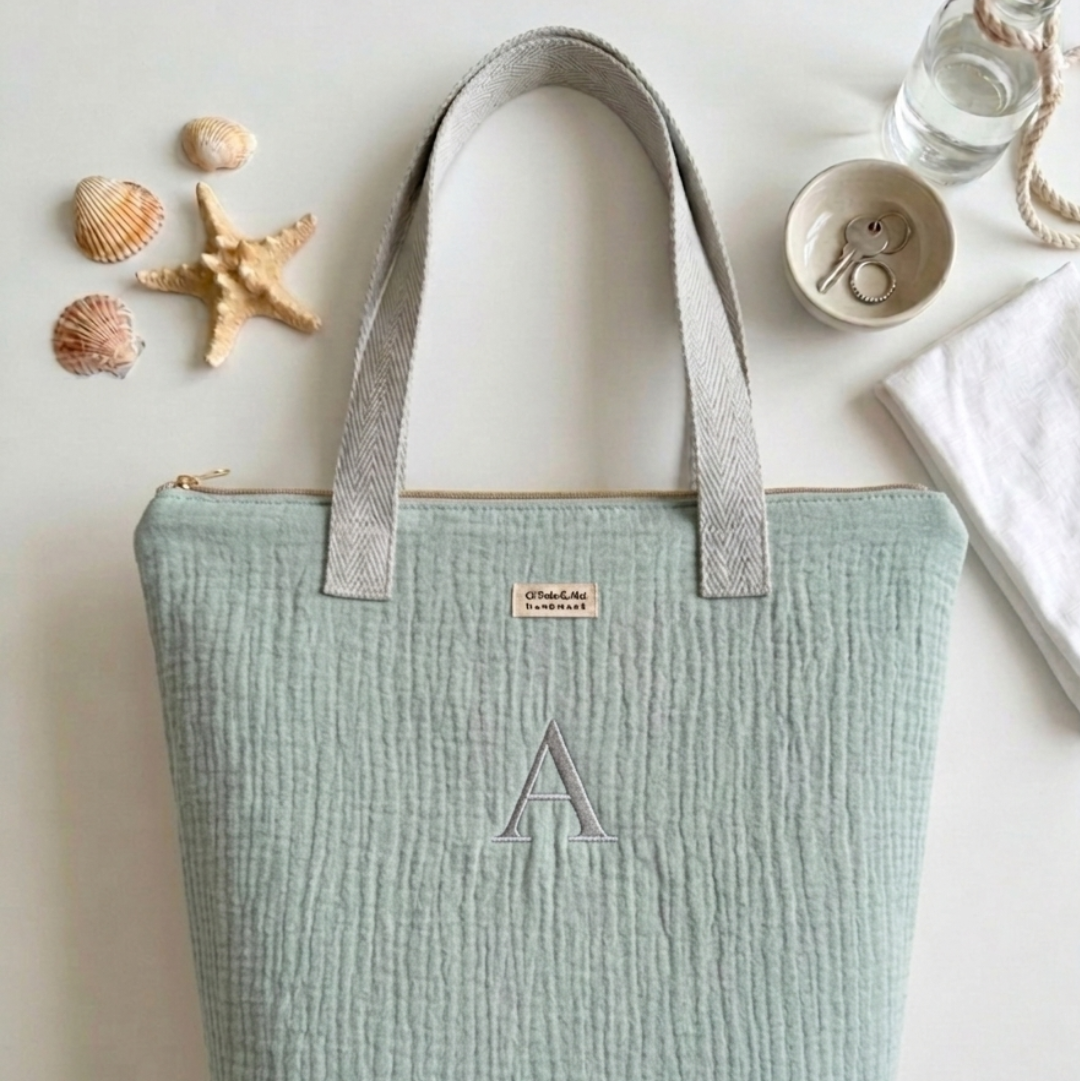 Tote Bag con Cremallera Verde Pastel Asas Gris