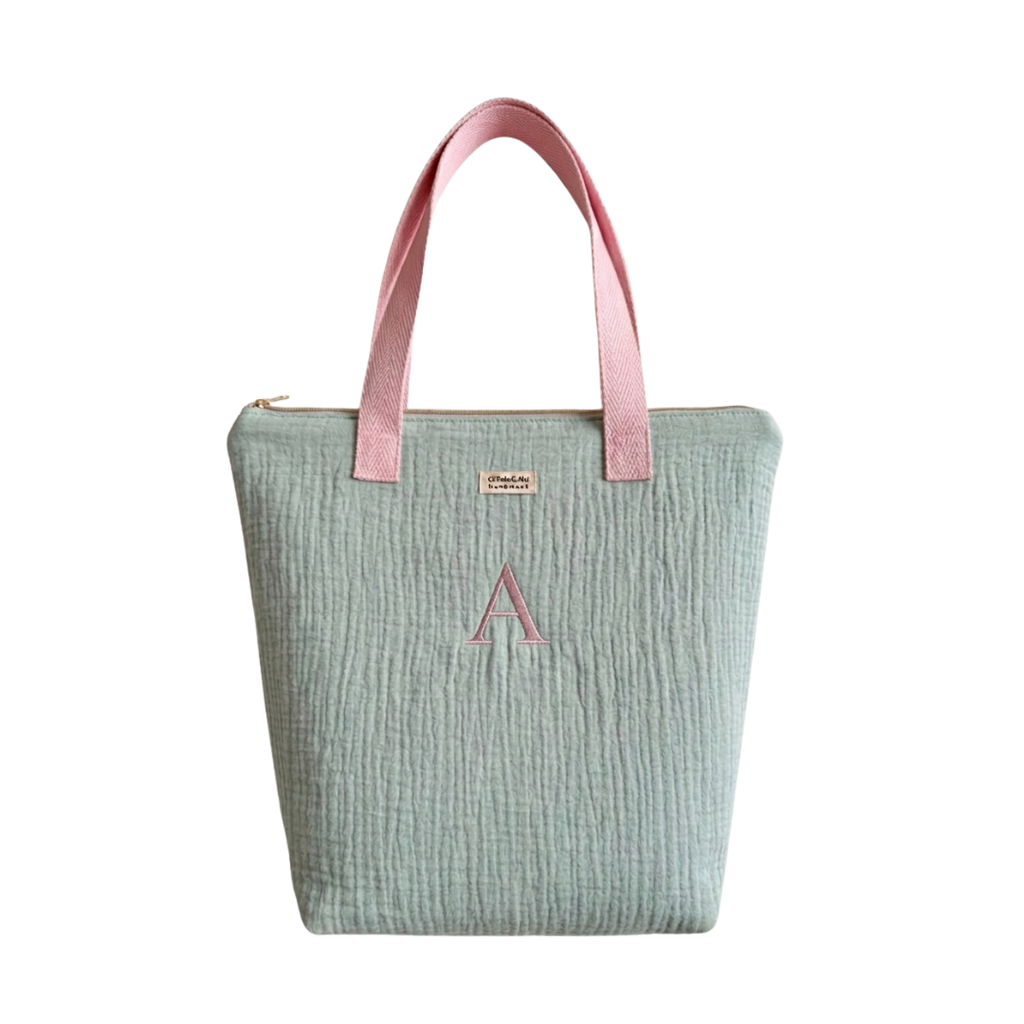 Tote Bag con Cremallera Verde Pastel Asas Rosa