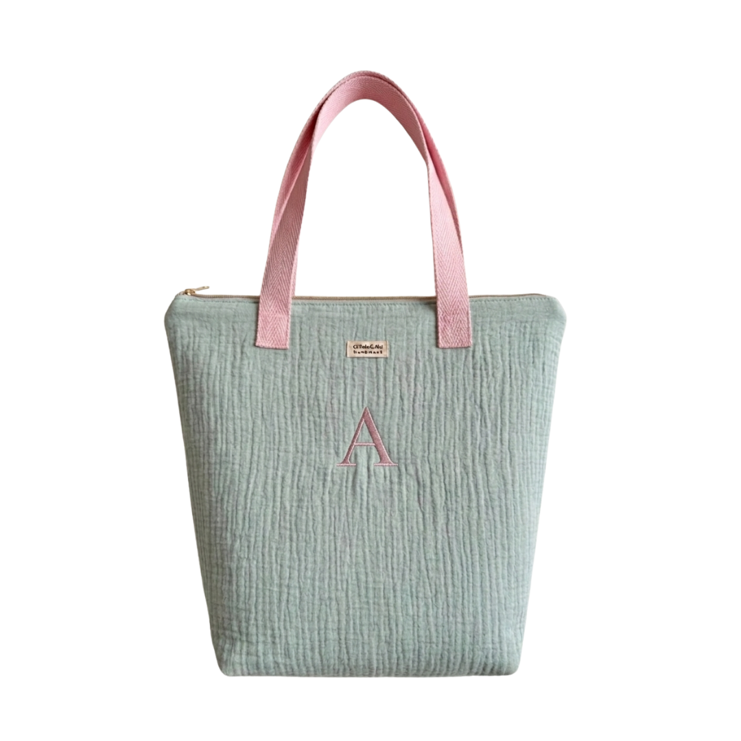 Tote Bag con Cremallera Verde Pastel Asas Rosa