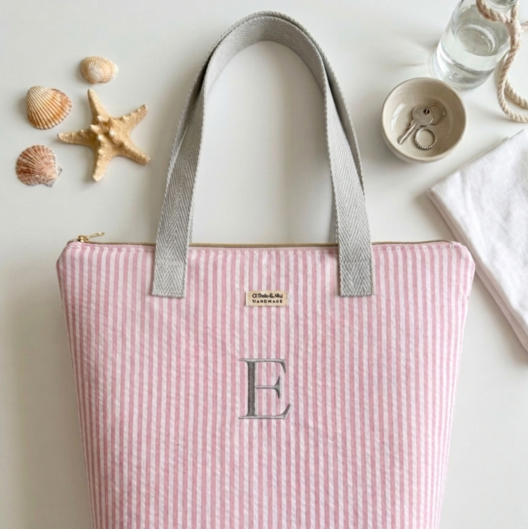 Tote Bag con Cremallera Rayas Rosa Asas Gris