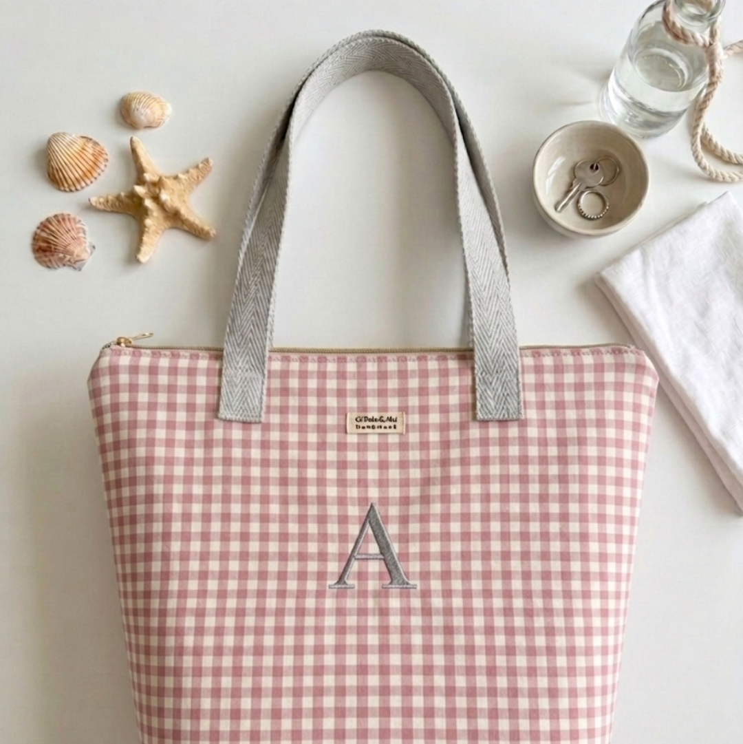 Tote Bag con Cremallera Vichy Rosa