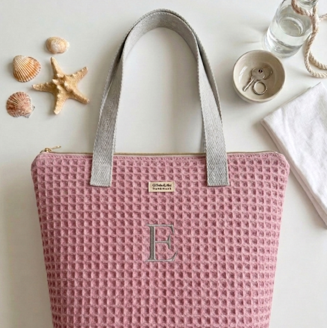 Tote Bag con Cremallera Waffle Rosa Palo