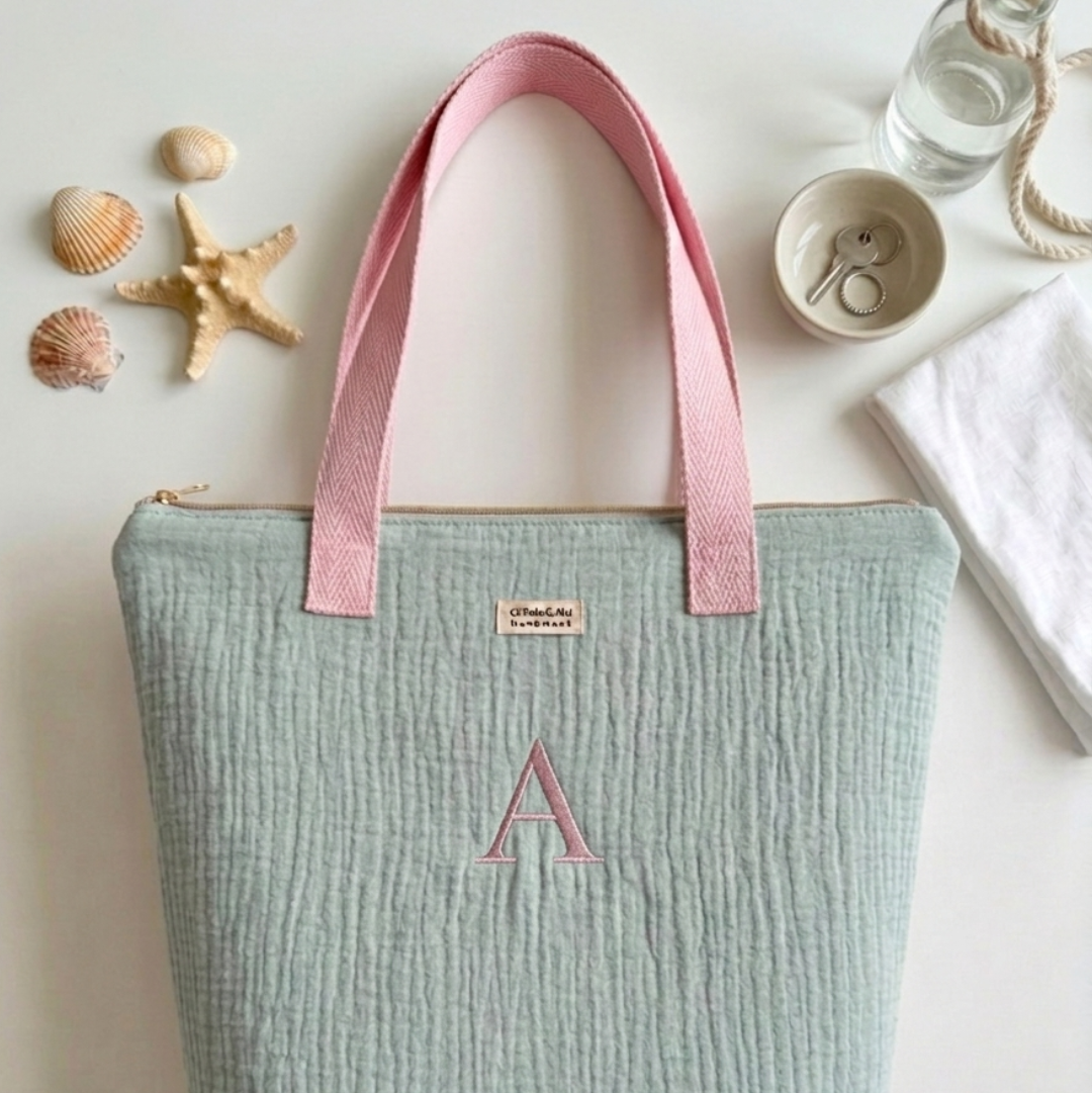 Tote Bag con Cremallera Verde Pastel Asas Rosa