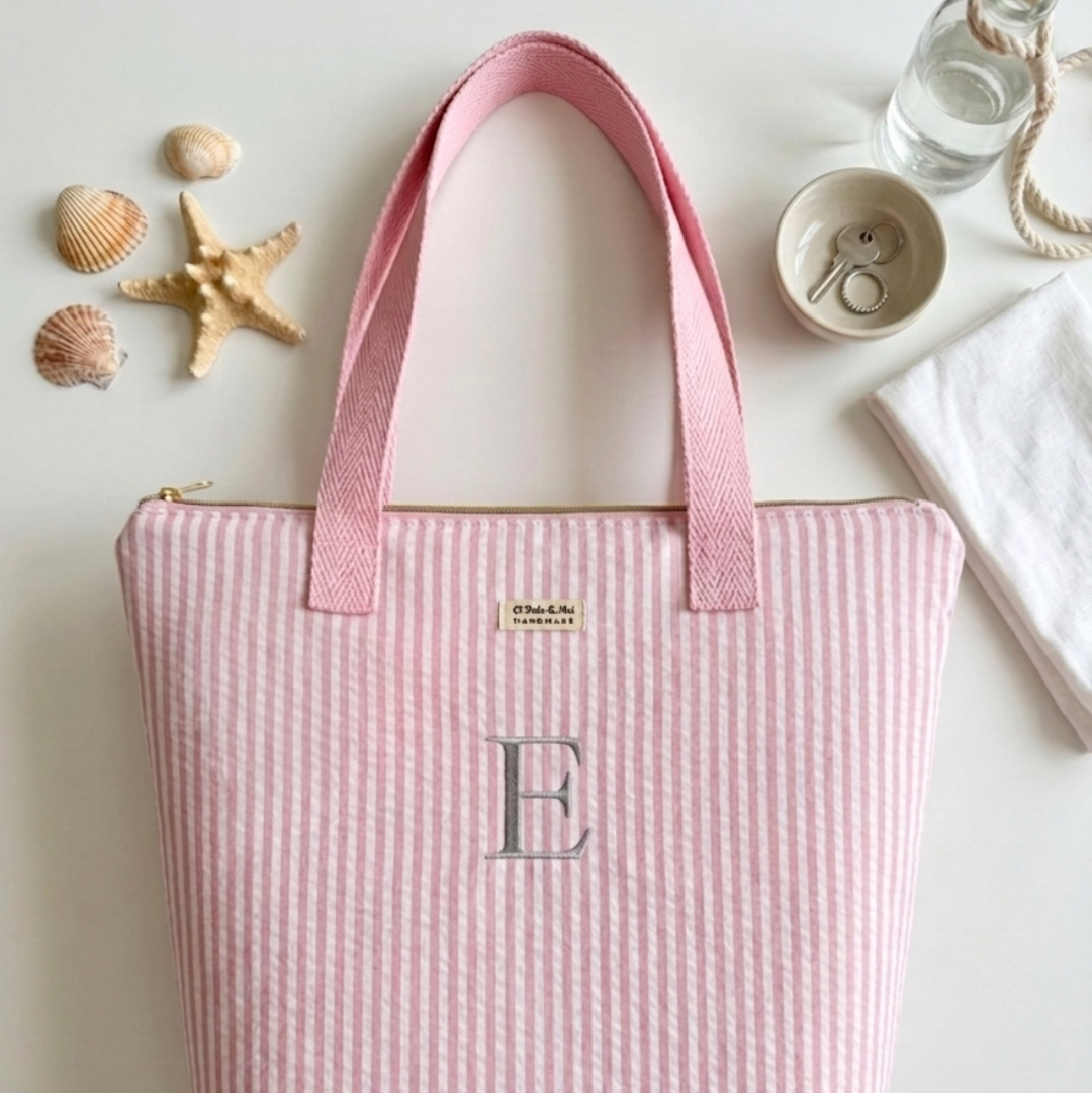 Tote Bag con Cremallera Rayas Rosa Asas Rosa