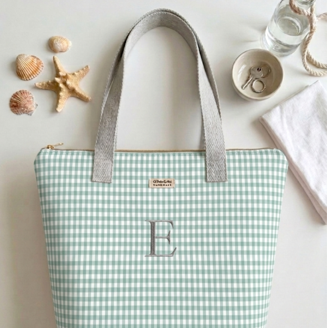 Tote Bag con Cremallera Vichy Verde