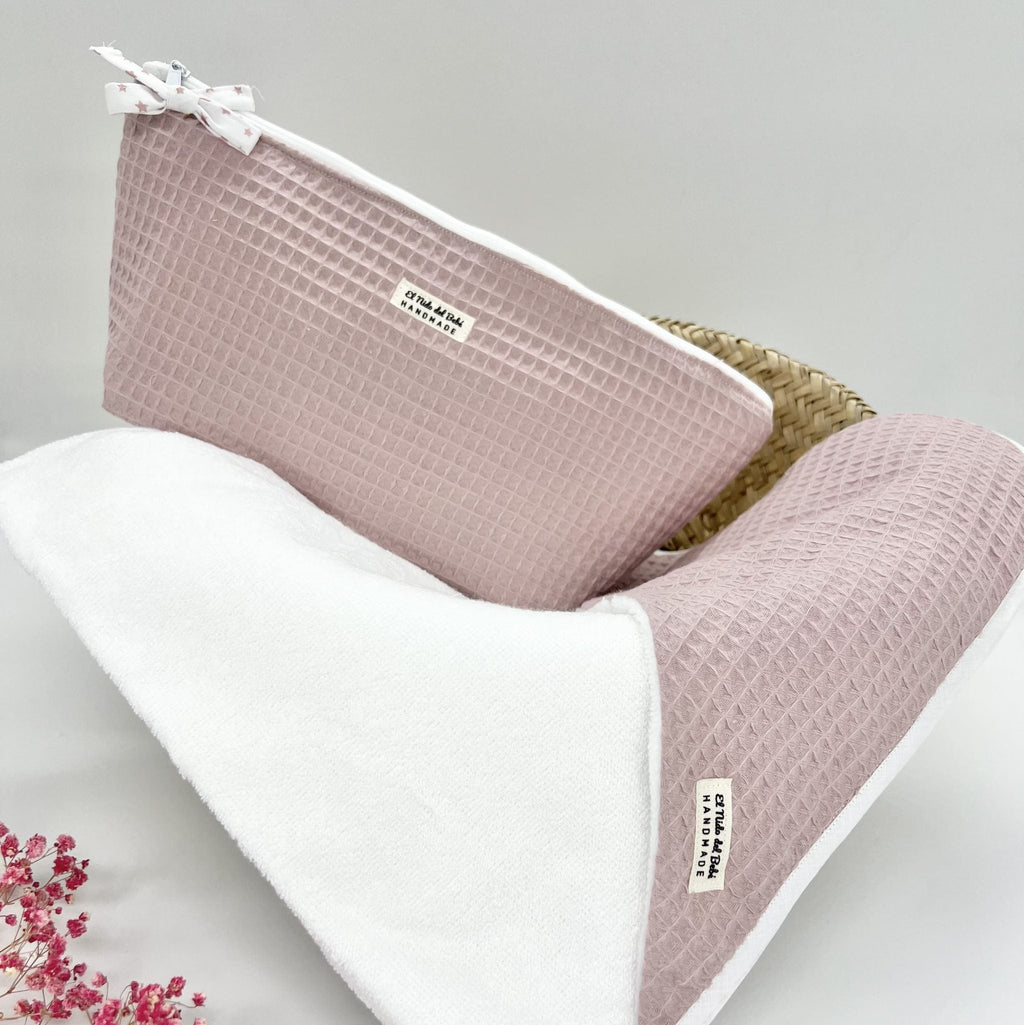 Capa de baño y neceser impermeable waffle rosa palo