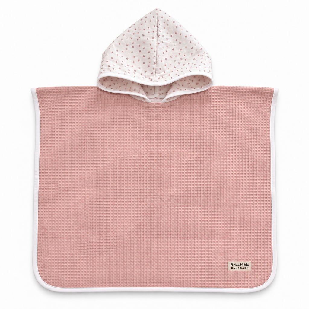 Poncho Waffle Rosa Palo y Estrellas Rosas 6-12 meses