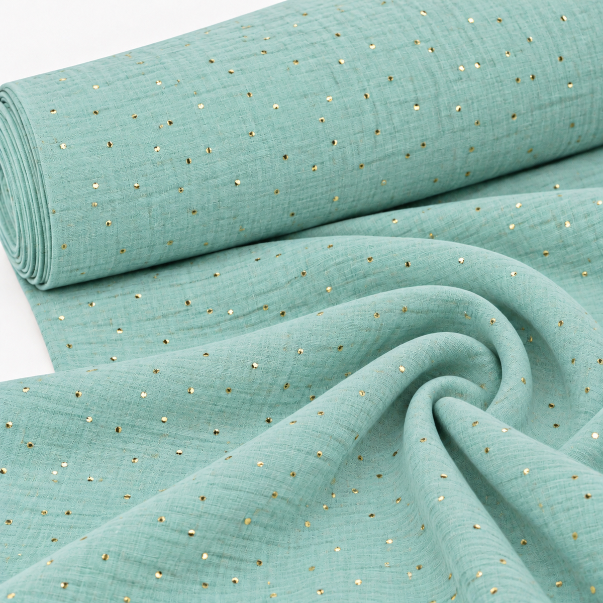 Tela Muselina de Algodón 100% Turquesa topos dorados – OEKO-TEX®