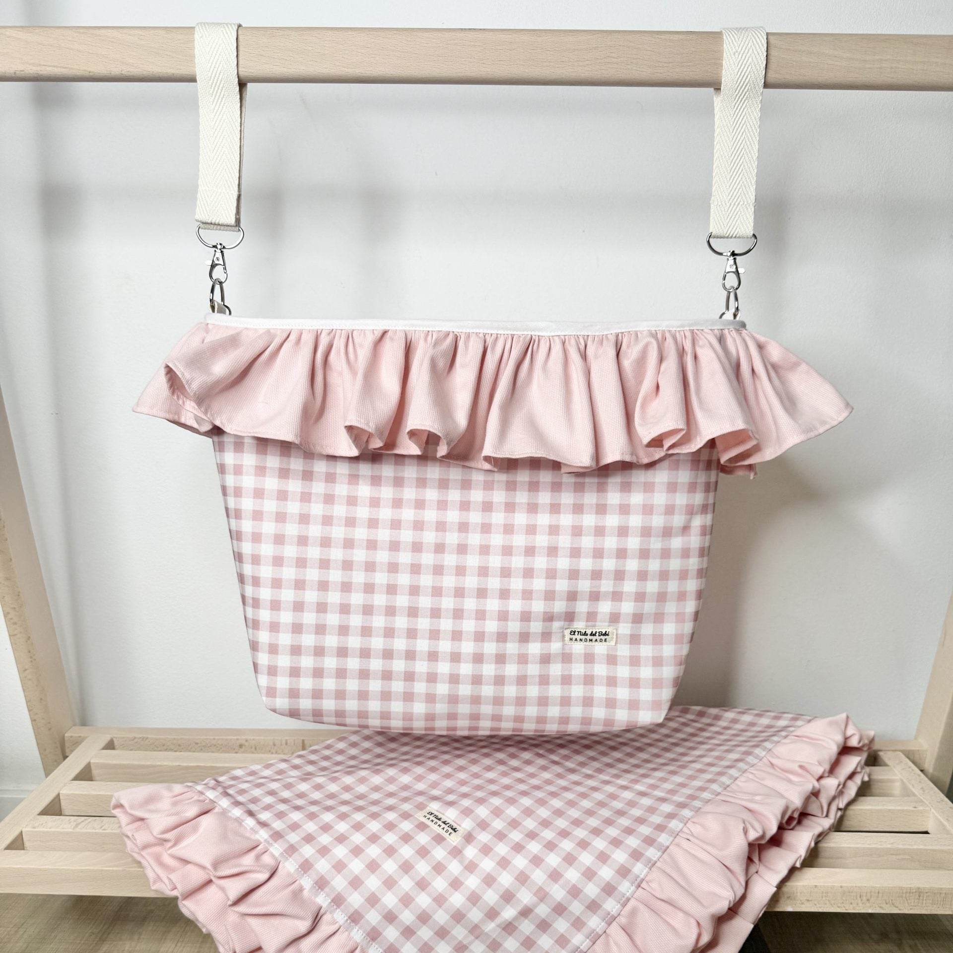 Bolso bombonera vichy rosa con manta
