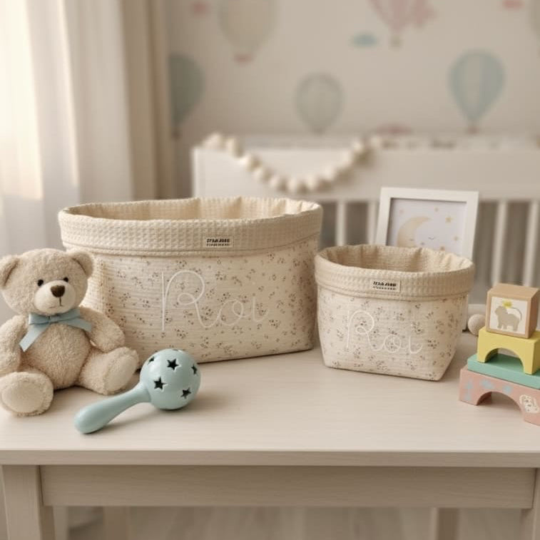 Pack de Cestas de Tela Reversibles Flores Beige