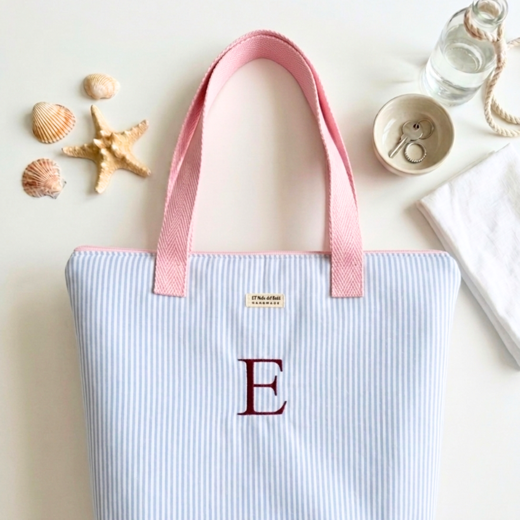 Tote Bag con Cremallera Rayas Azul