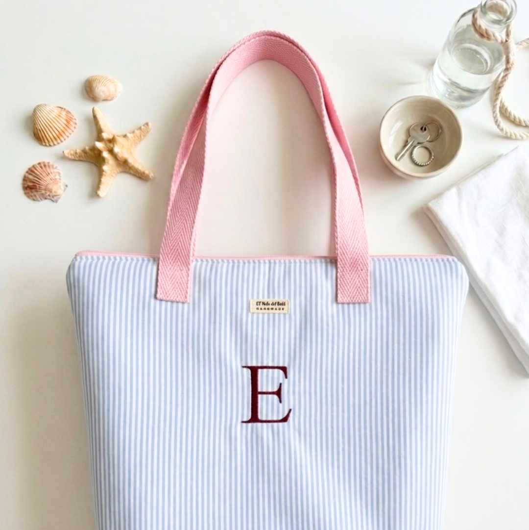 Tote Bag con Cremallera Rayas Azul
